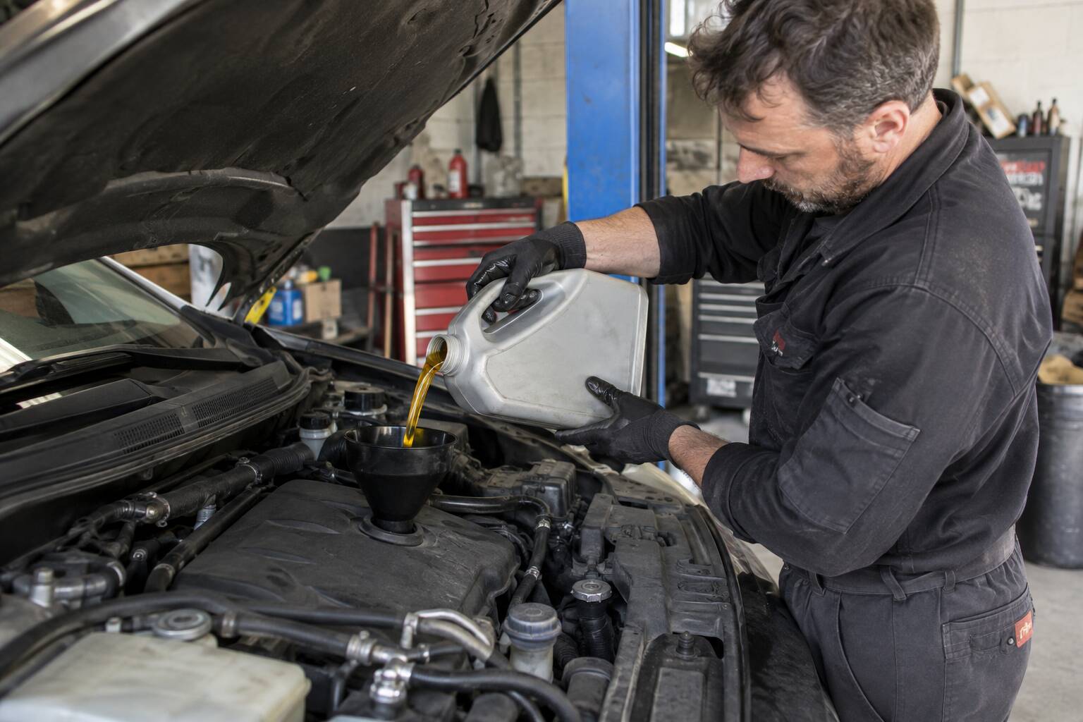 Un garagiste qui effectue une vidange d'un véhicule